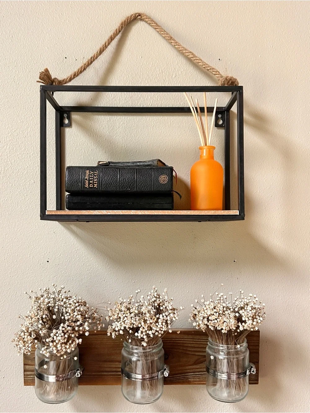 Black Metal Hanging Display Shelf with Rope Size 16 x 12”